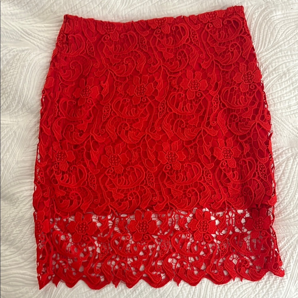 Leith Red Lace Pencil Skirt. Small.